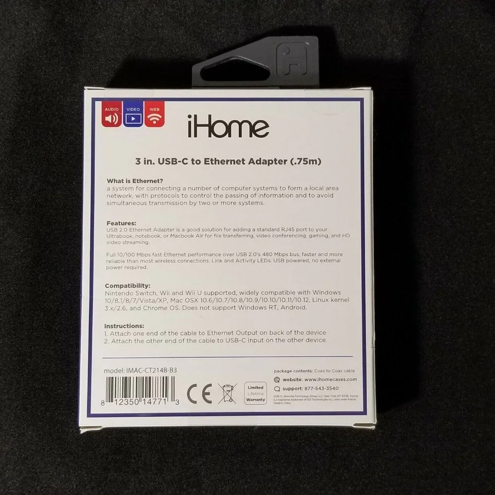 iHome 3 in. USB-C to Ethernet Adapter - NEW in Sealed Box